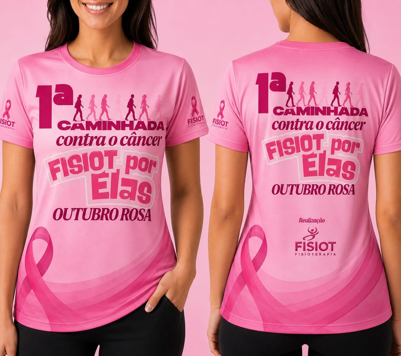 Camiseta oficial rosa FISIOT por Elas — frente e costas